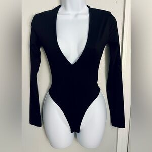 Black Long Sleeve Deep Plunge Bodysuit